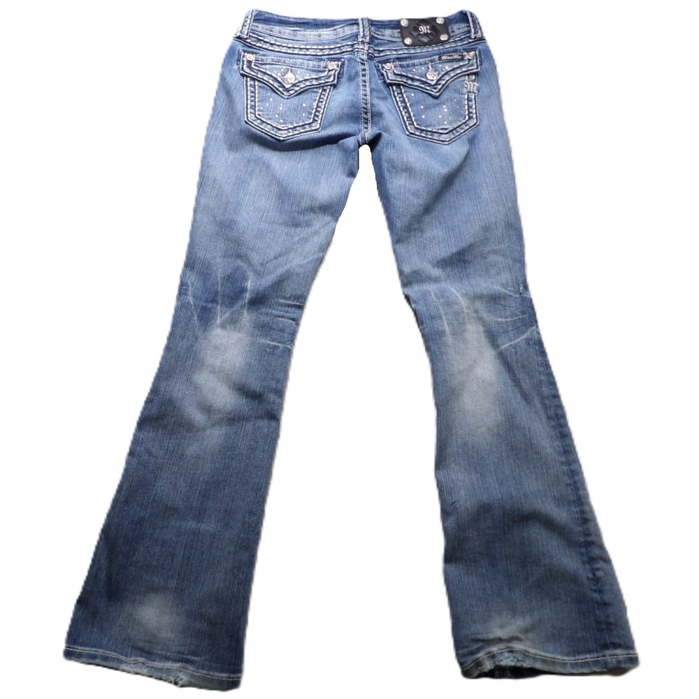 Miss Me Women 29 Blue Bootcut Jeans Rhinestone Embroidered Fleur De Lis Western